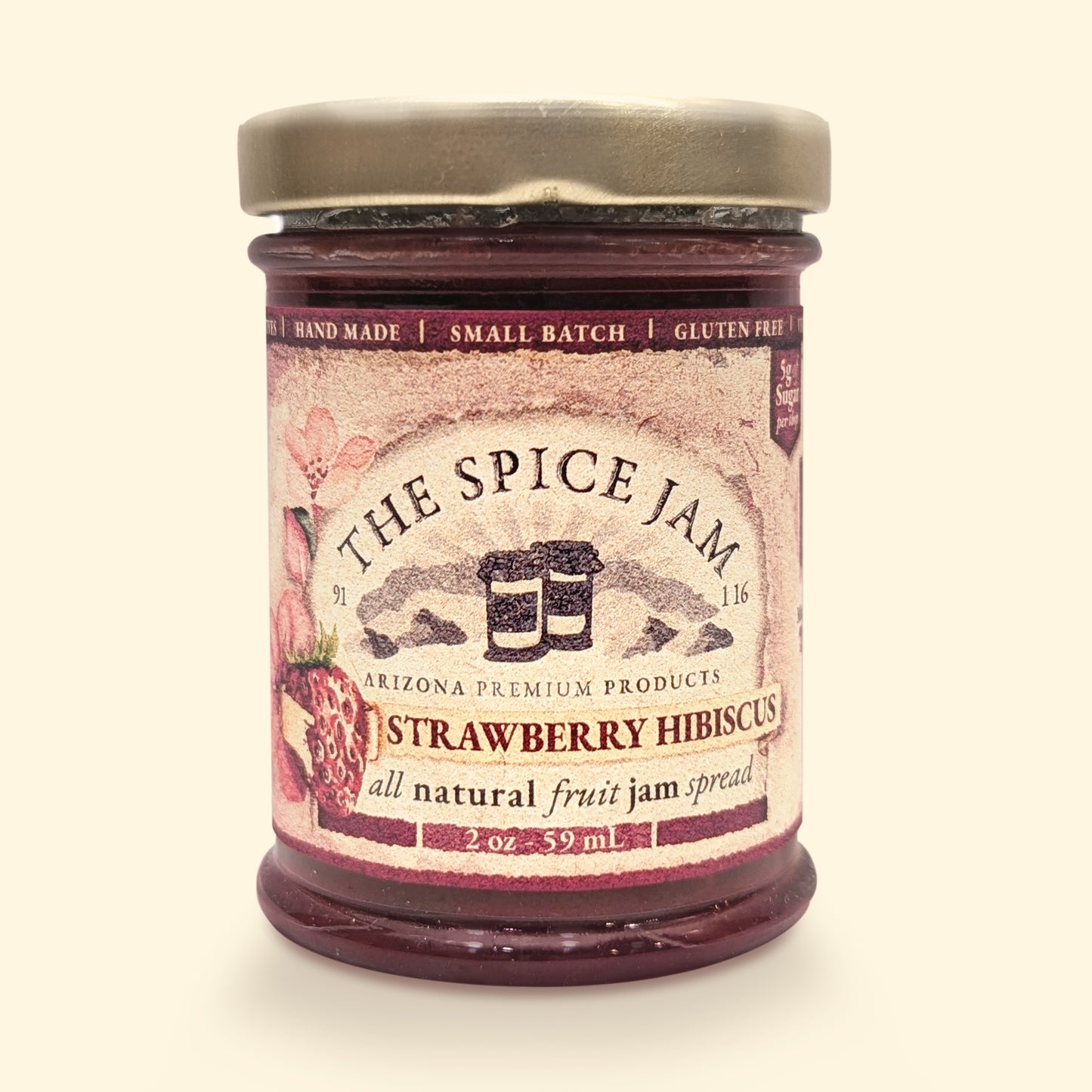 Strawberry Hibiscus Fruit Jam - 2 ounce - Small Batch - Hand Made - Gourmet - All Natural - Low Sugar - No preservatives - Gluten Free