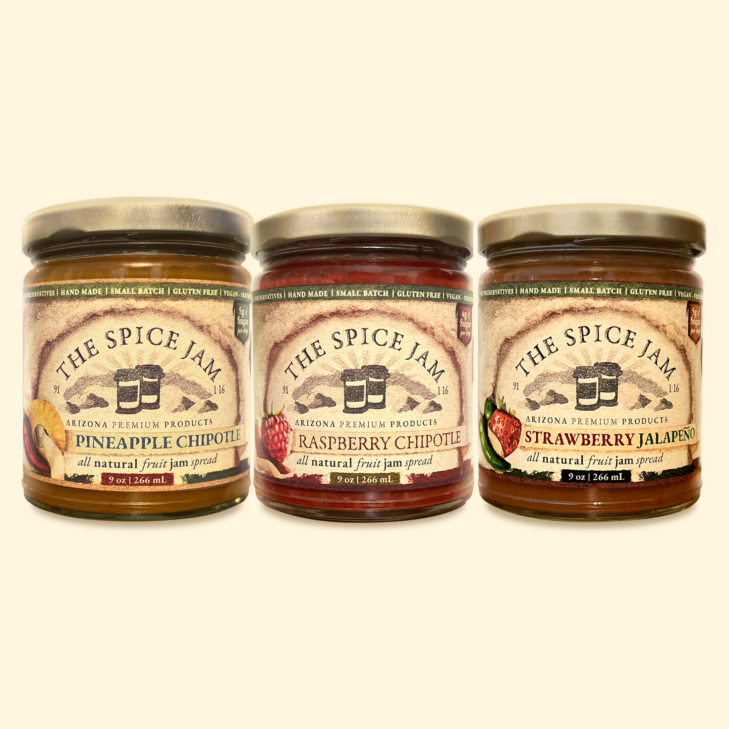 3 Pack Gourmet Fruit Jam - Raspberry Chipotle, Pineapple Chipotle, Strawberry Jalapeno - All Natural, Small Batch, Low Sugar