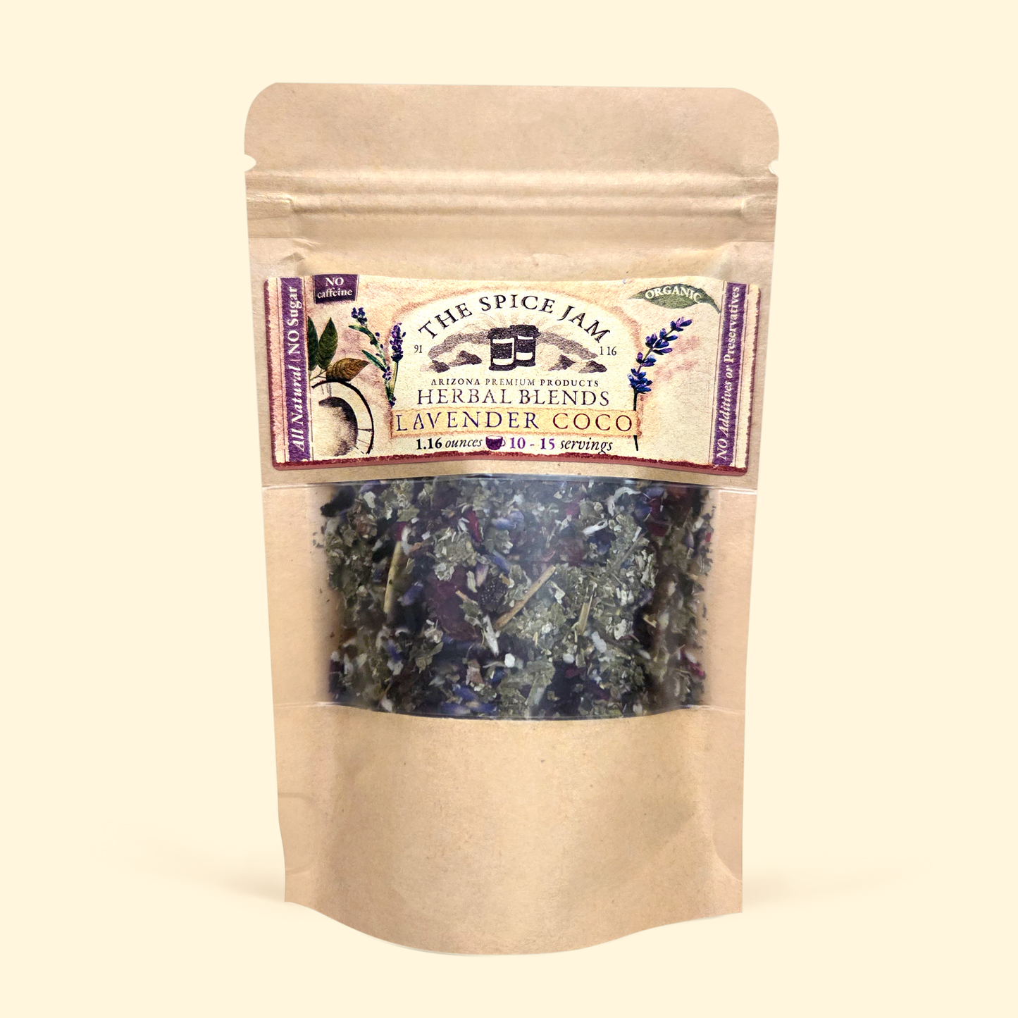 Lavender Coco - Herbal Tea - All Natural and Organic - 1.16 Ounces - 10 to 15 servings - No Caffeine - Promotes Health