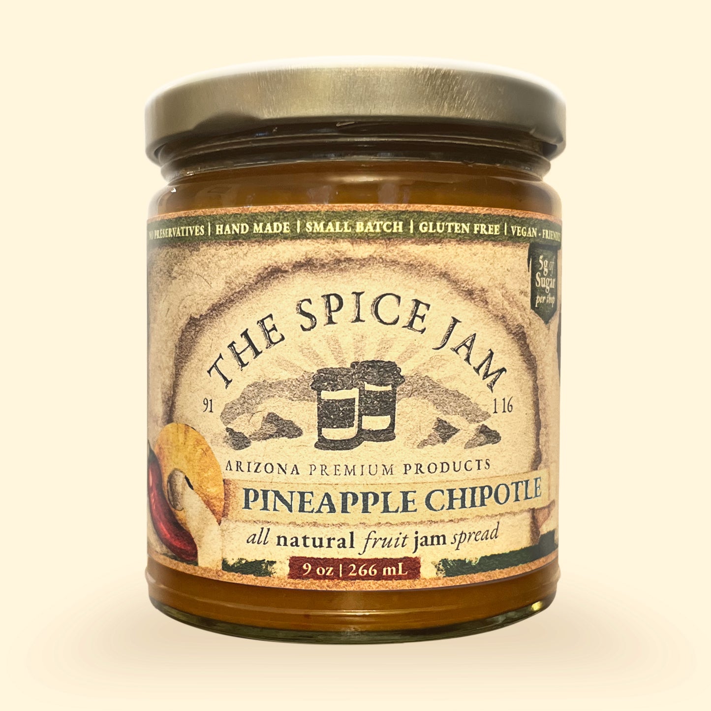 Pineapple Chipotle Fruit Jam - 9 Ounce - Small Batch - Hand Made - Gourmet - All Natural - Low Sugar - No Preservatives - Gluten Free