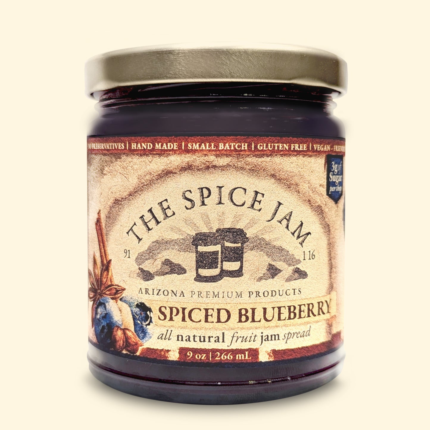 Spiced Blueberry Fruit Jam - 9 oz - Small Batch - Hand Made - Gourmet - All Natural - 3 Grams of Sugar per Tbsp - No preservatives - Gluten Free