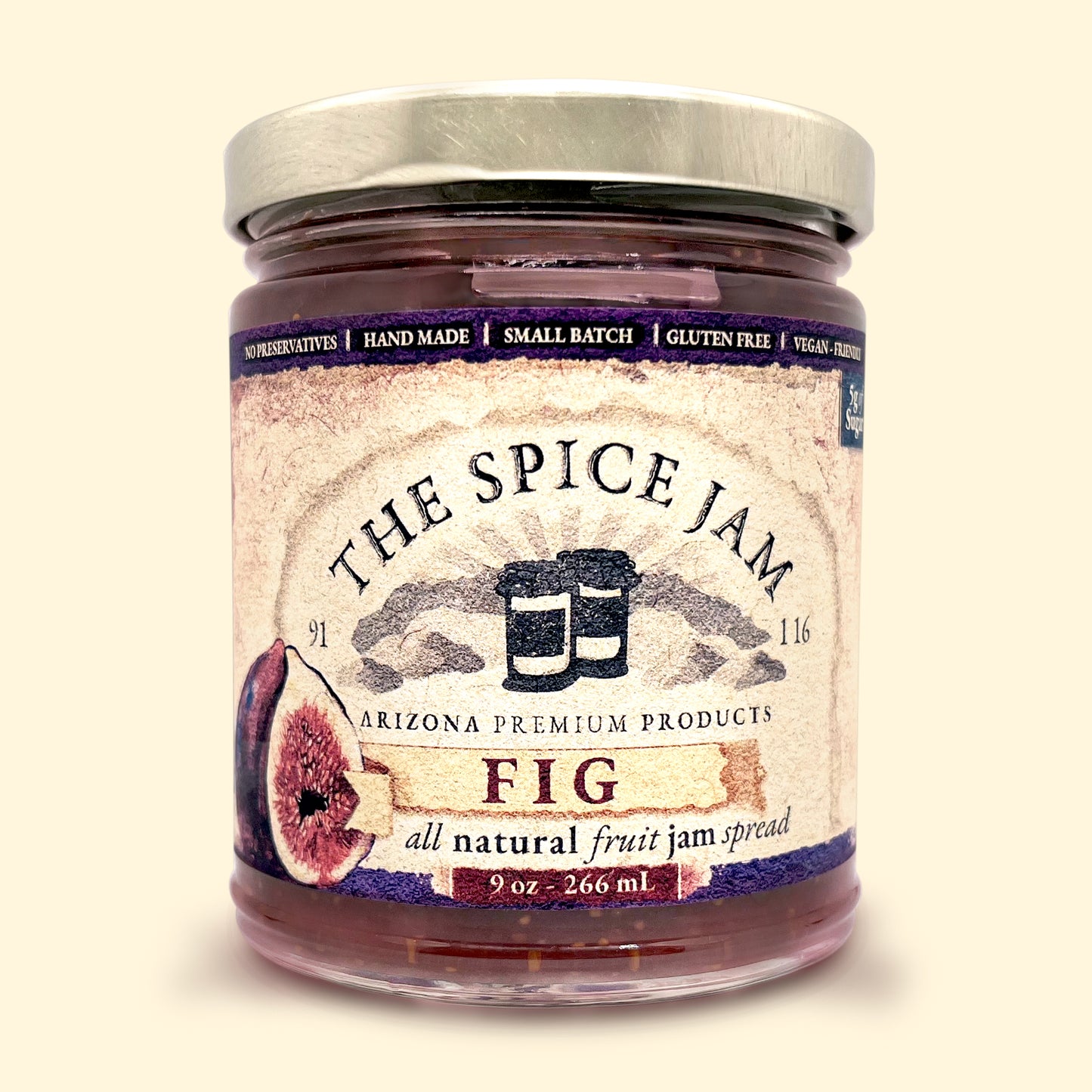 Fig Fruit Jam - 9 ounce - Small Batch - Hand Made - Gourmet - All Natural - 3 Grams of Sugar Per TBSP - No preservatives - Gluten Free