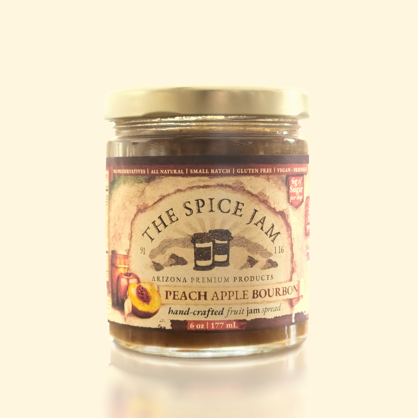 Peach Apple Bourbon Fruit Jam - 6 Ounce - Small Batch - Hand Made - Gourmet - All Natural - Low Sugar - No Preservatives - Gluten Free