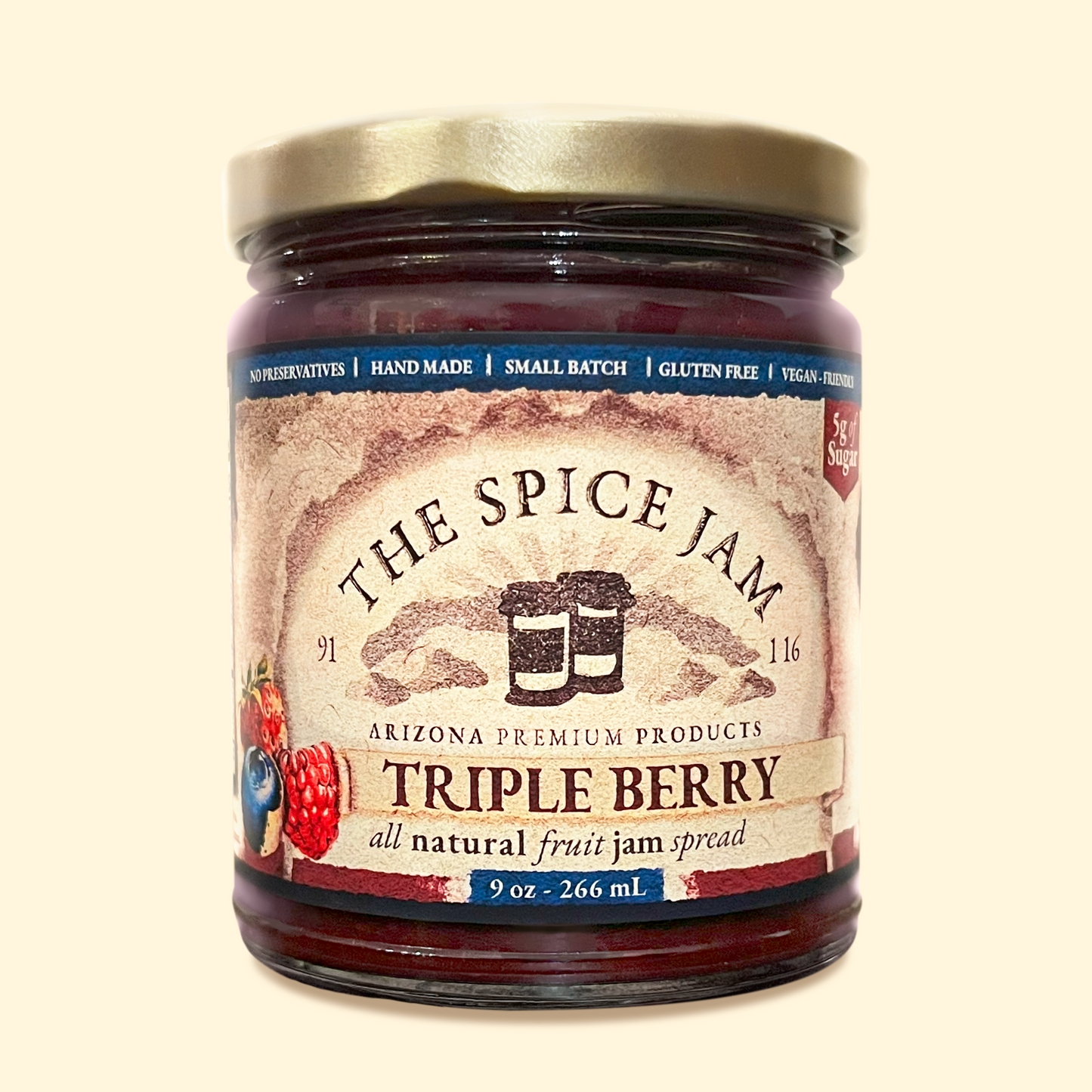 Triple Berry Fruit Jam - 9 Ounce - Small Batch - Hand Made - Gourmet - All Natural - Low Sugar - No Preservatives - Gluten Free