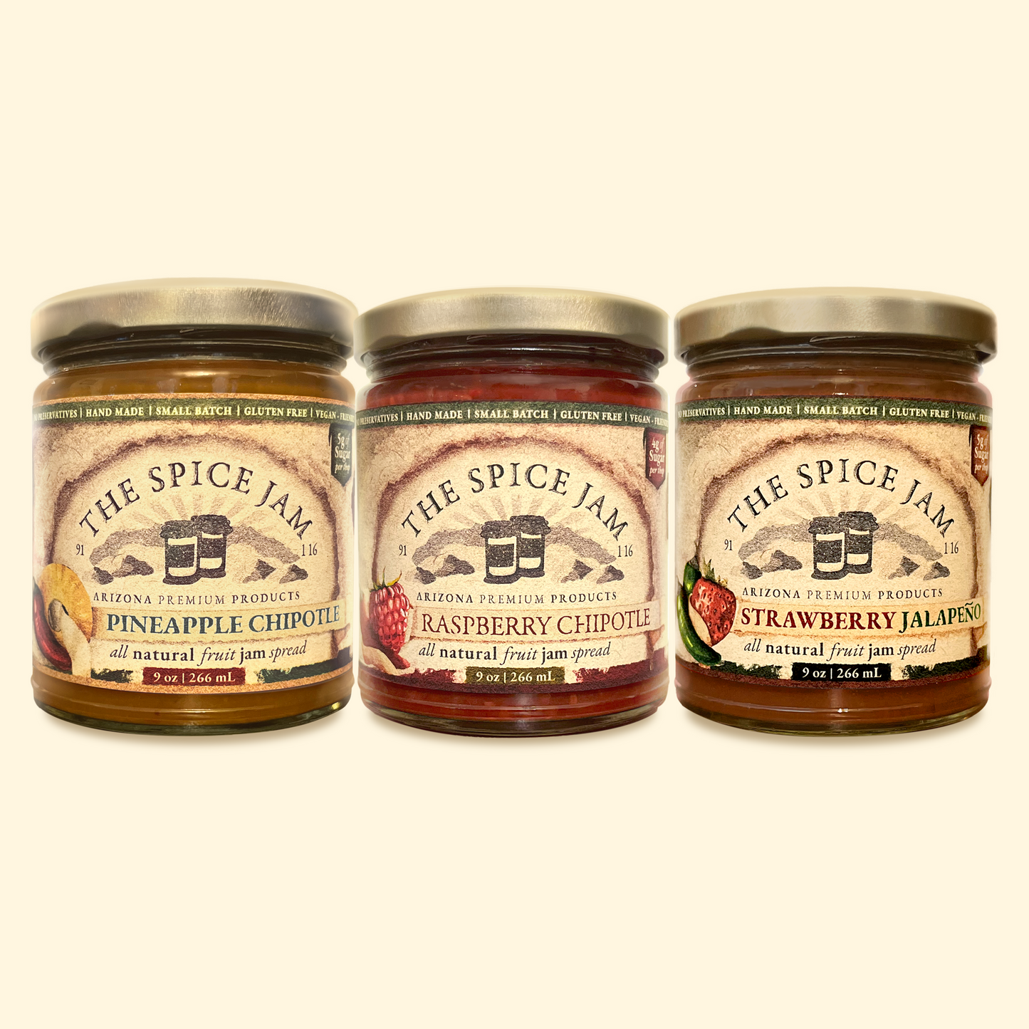 3 Pack Gourmet Fruit Jam -  Raspberry Chipotle, Pineapple Chipotle, Strawberry Jalapeno - All Natural, Small Batch, Low Sugar