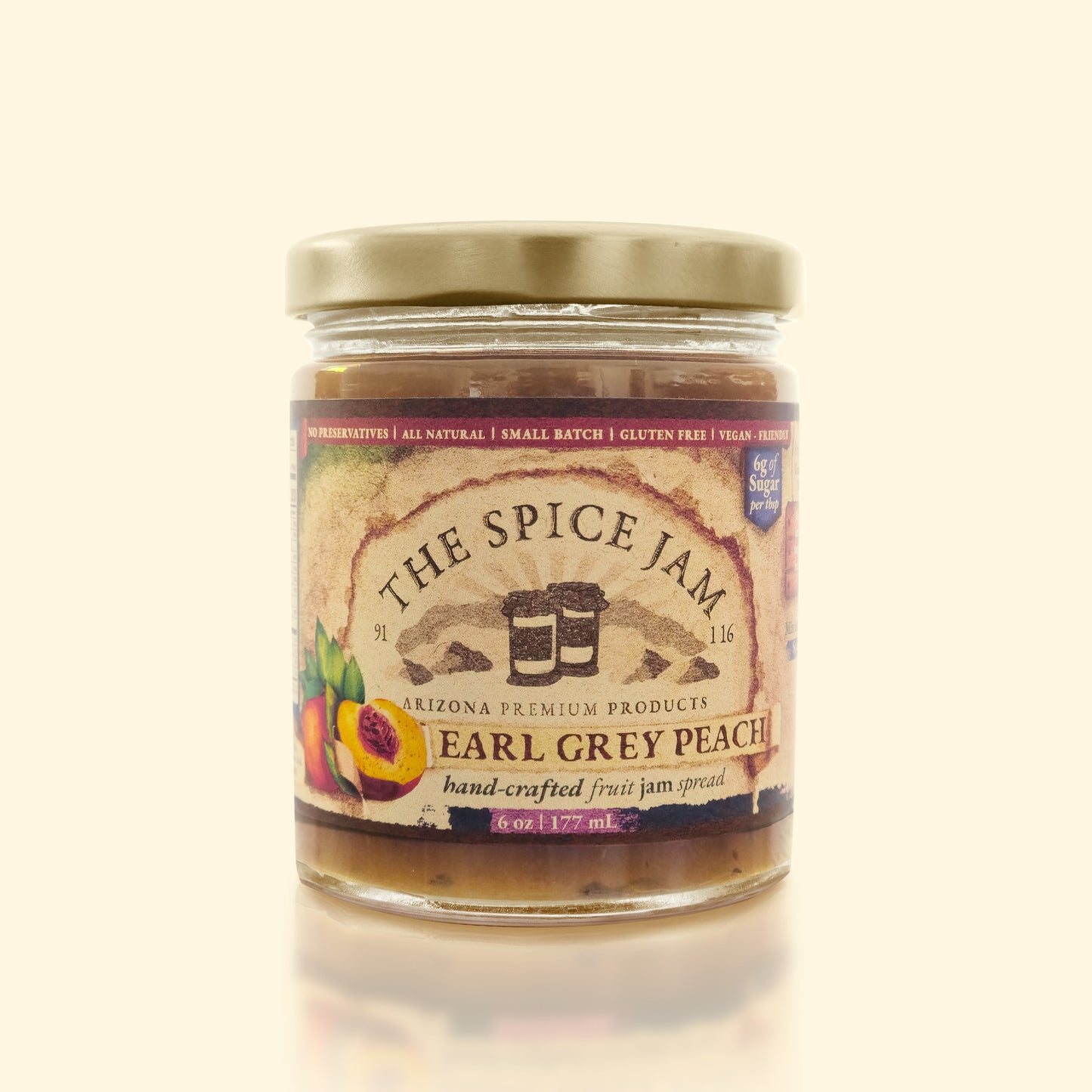 Earl Grey Peach Fruit Jam - 6 Ounce - Small Batch - Hand Made - Gourmet - All Natural - Low Sugar - No Preservatives - Gluten Free