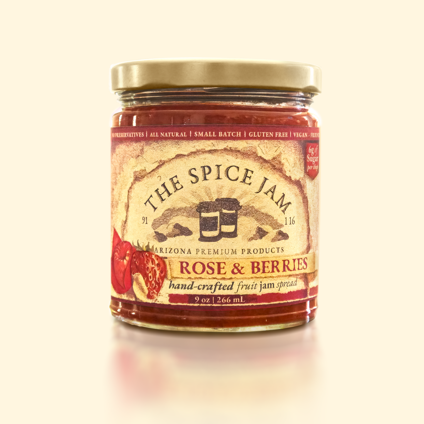 Rose & Berries Fruit Jam - 9 Ounce - Small Batch - Hand Made - Gourmet - All Natural - Low Sugar - No Preservatives - Gluten Free
